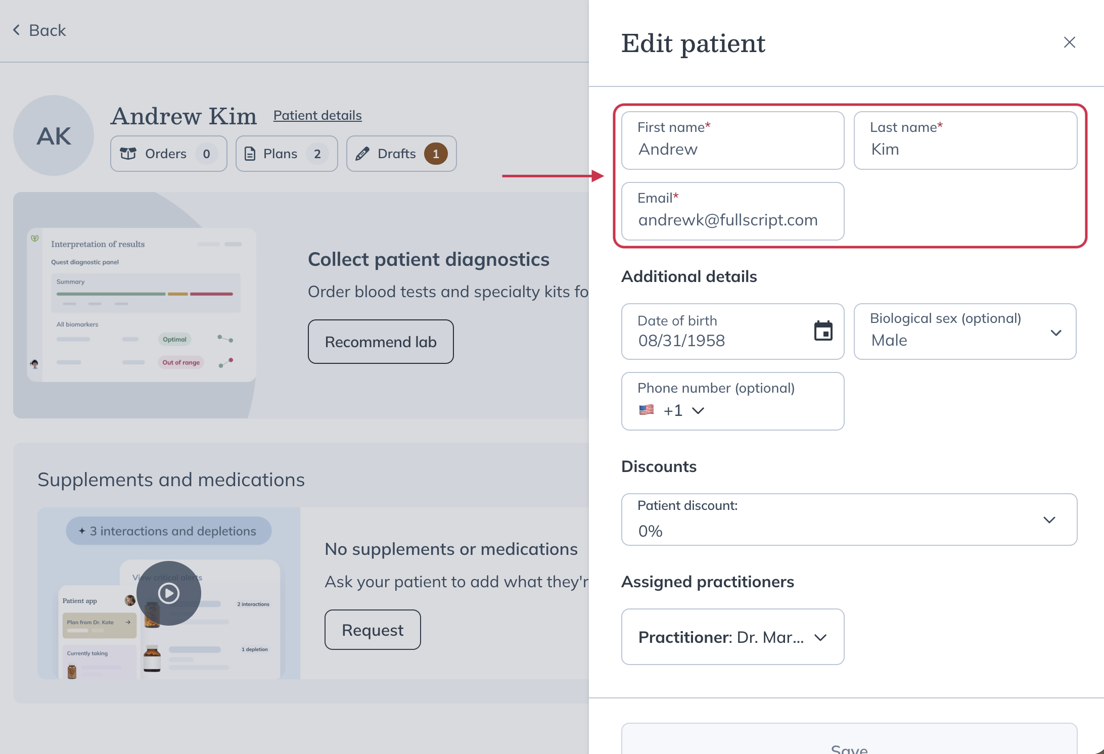 The Edit patient screen showing the name and email address fields.